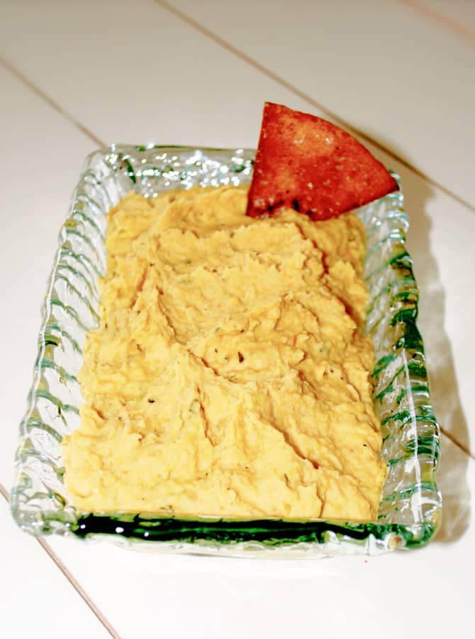 Roasted Chick Pea and Leek Hummus with a pita chip