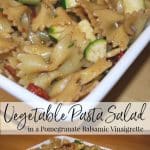 Farfalle pasta tossed with fresh sun dried tomatoes, garden zucchini and red onions in a tangy pomegranate balsamic vinaigrette.