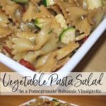 Farfalle pasta tossed with fresh sun dried tomatoes, garden zucchini and red onions in a tangy pomegranate balsamic vinaigrette.