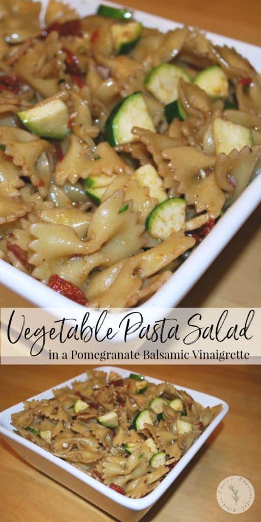 Farfalle pasta tossed with fresh sun dried tomatoes, garden zucchini and red onions in a tangy pomegranate balsamic vinaigrette.