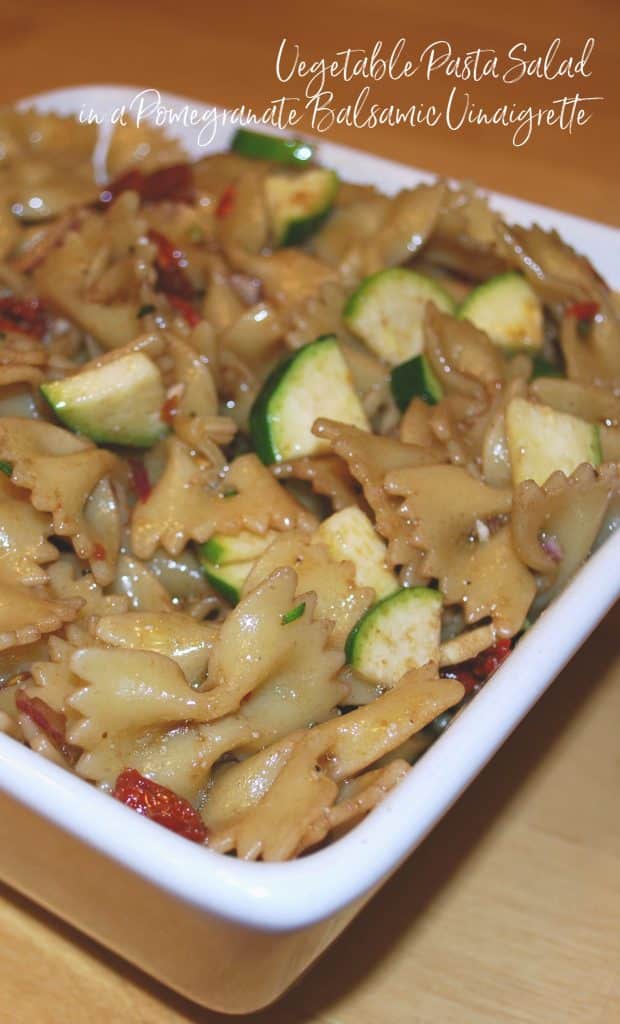 Farfalle pasta tossed with fresh sun dried tomatoes, garden zucchini and red onions in a tangy pomegranate balsamic vinaigrette.