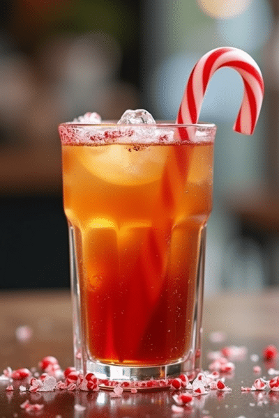 candy cane iced tea with a peppermint stick