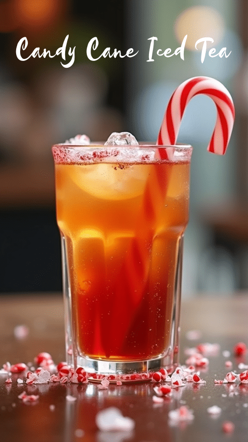 a tall glass of iced tea with a candy cane