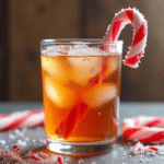 a short glass of iced tea with candy cane simple syrup
