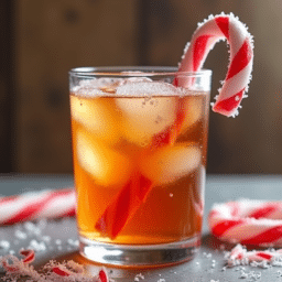a short glass of iced tea with candy cane simple syrup