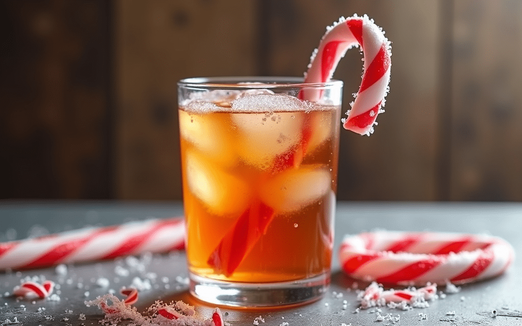 a short glass of iced tea with candy cane simple syrup