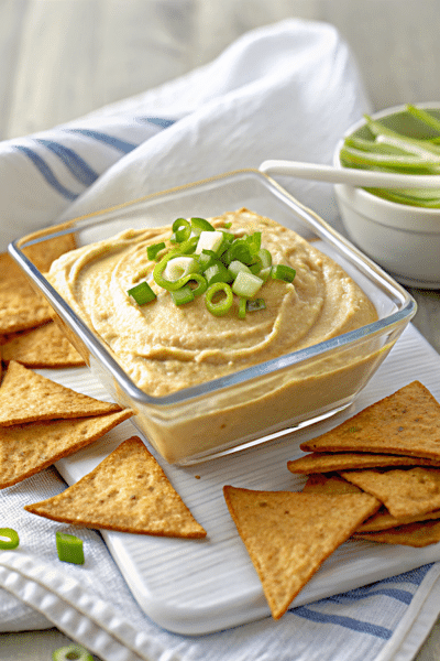 roasted chickpea and leek hummus in a glass dish