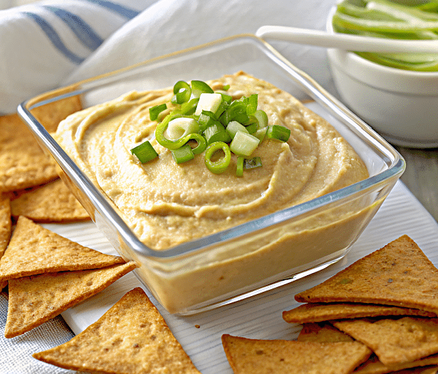 roasted chickpea and leek hummus in a glass dish