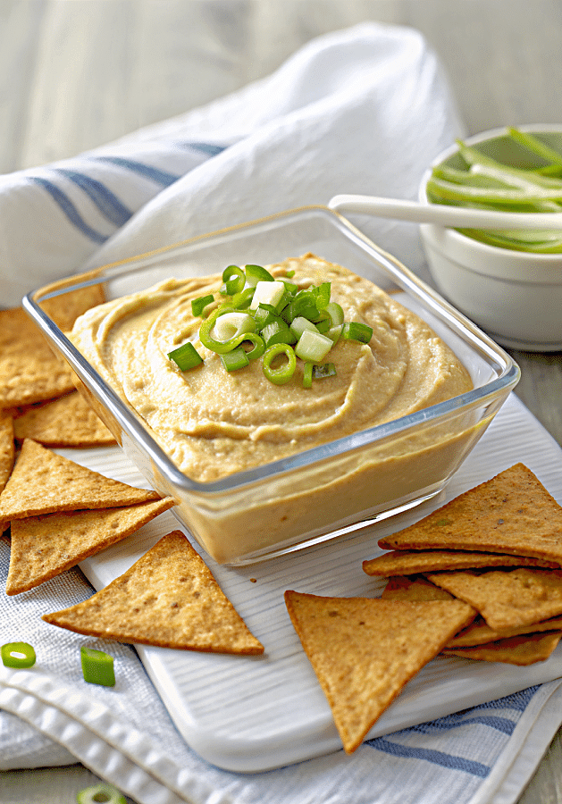 roasted chickpea and leek hummus in a glass dish