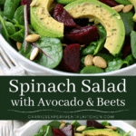 collage photo of spinach salad with beets and avocado