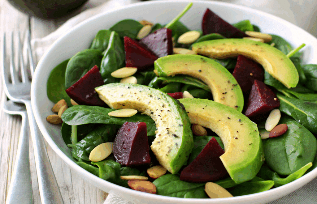 a close up of a bowl of spinach salad with avocado and beets
