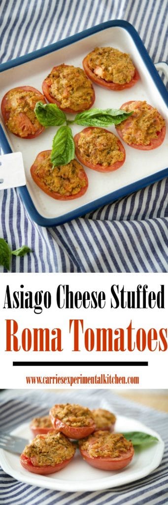 Asiago cheese, garlic, fresh rosemary and chopped tomatoes combined with Italian breadcrumbs stuffed inside ripe Roma tomatoes. 