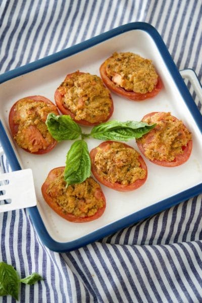 Asiago cheese, garlic, fresh rosemary and chopped tomatoes combined with Italian breadcrumbs stuffed inside ripe Roma tomatoes.