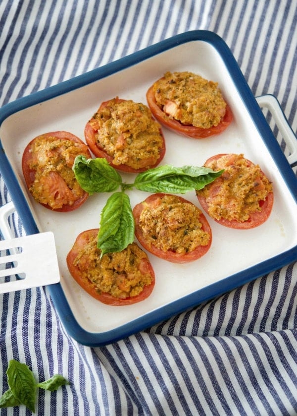 Asiago cheese, garlic, fresh rosemary and chopped tomatoes combined with Italian breadcrumbs stuffed inside ripe Roma tomatoes. 