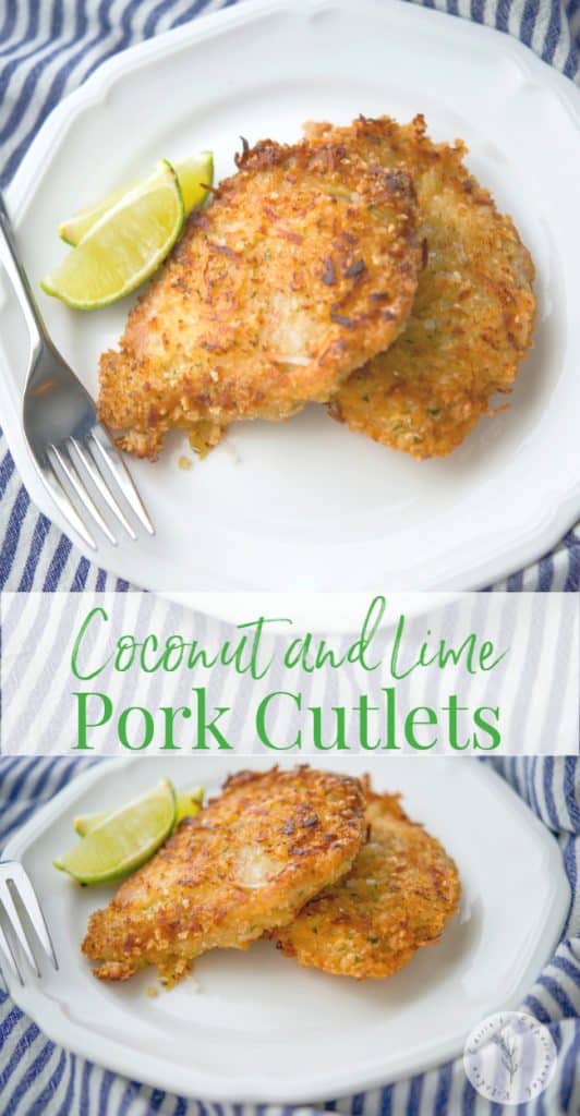 close up of Coconut and Lime Pork Cutlets on a plate with a fork