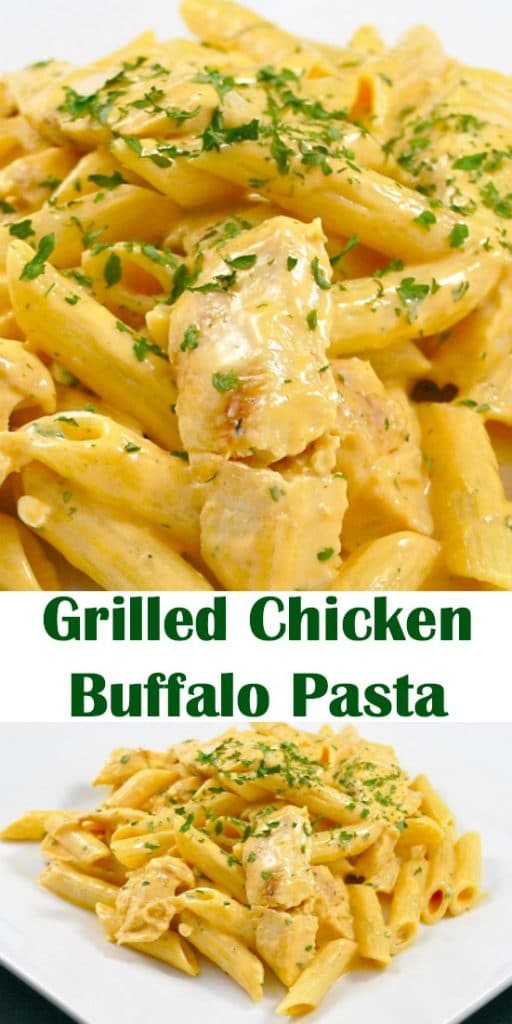 Grilled Chicken Buffalo Pasta made with four ingredients, including Moore's Buffalo Wing Sauce, is delicious and simple to make.