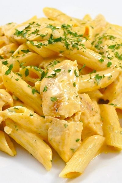 Grilled Chicken Buffalo Pasta made with four ingredients, including Moore's Buffalo Wing Sauce, is delicious and simple to make.