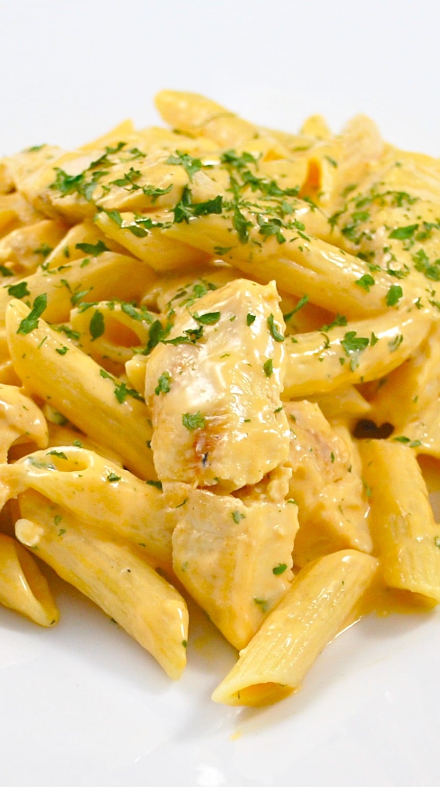 Grilled Chicken Buffalo Pasta made with four ingredients, including Moore's Buffalo Wing Sauce, is delicious and simple to make.