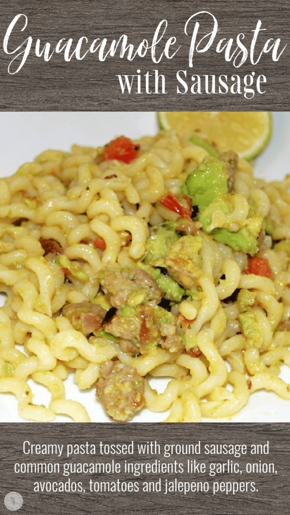 Guacamole Pasta with Sausage on a plate