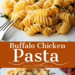 collage photo of a bowl of buffalo chicken pasta