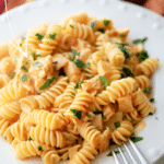 buffalo chicken pasta in a white bowl