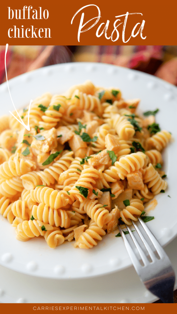 buffalo chicken pasta in a white bowl