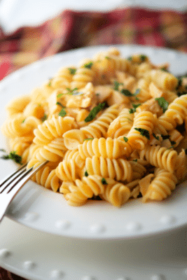 rotini pasta cooked with grilled chicken and buffalo sauce