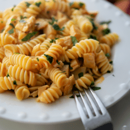 a close up of buffalo chicken pasta