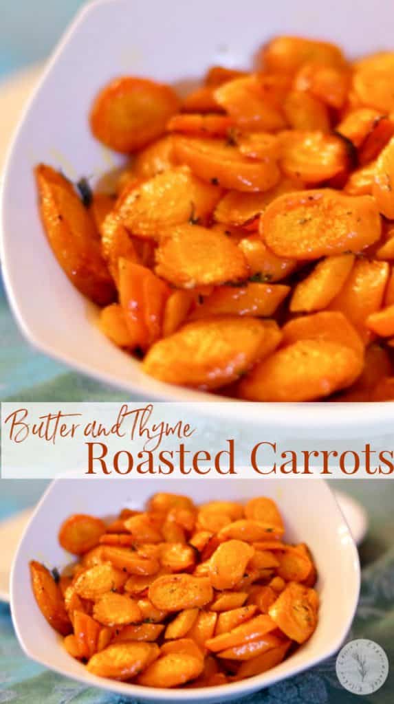 Carrots sliced diagonally tossed with fresh thyme, butter, Kosher salt and fresh black pepper; then roasted until caramelized.