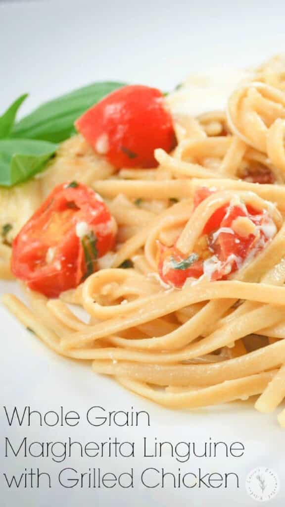 Whole grain linguine pasta tossed with creamy fresh mozzarella, grape tomatoes, basil and grilled chicken.