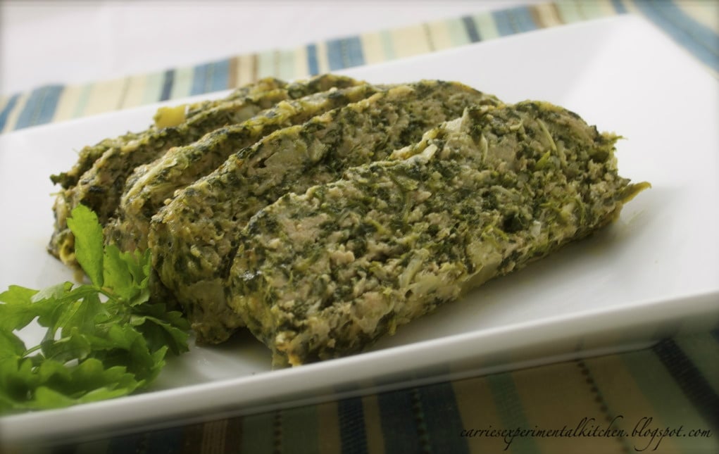 spinach artichoke chicken meatloaf on a plate