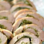 Boneless center cut pork loin stuffed with spinach, mushrooms and Goat cheese; then tied and baked until moist and tender.