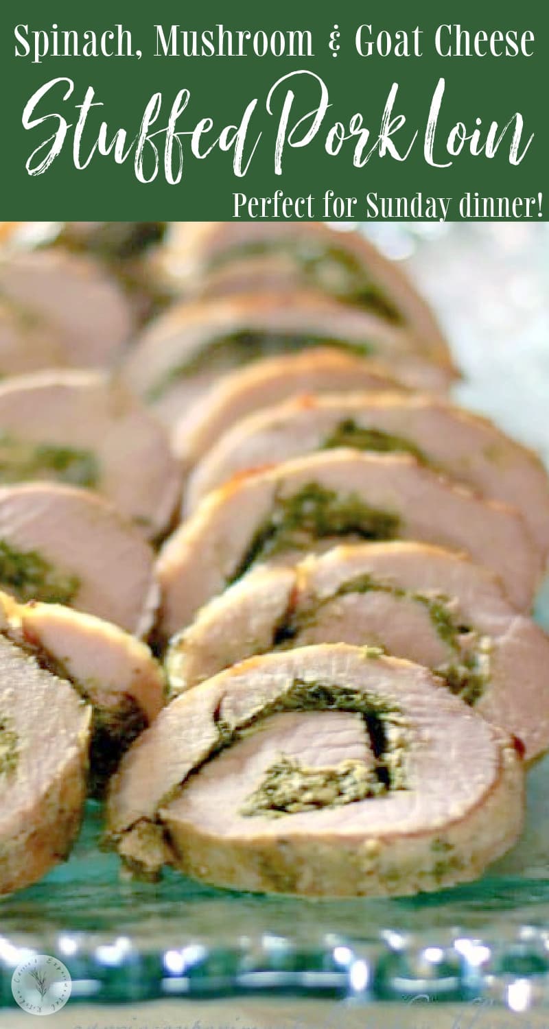 Boneless center cut pork loin stuffed with spinach, mushrooms and Goat cheese; then tied and baked until moist and tender.