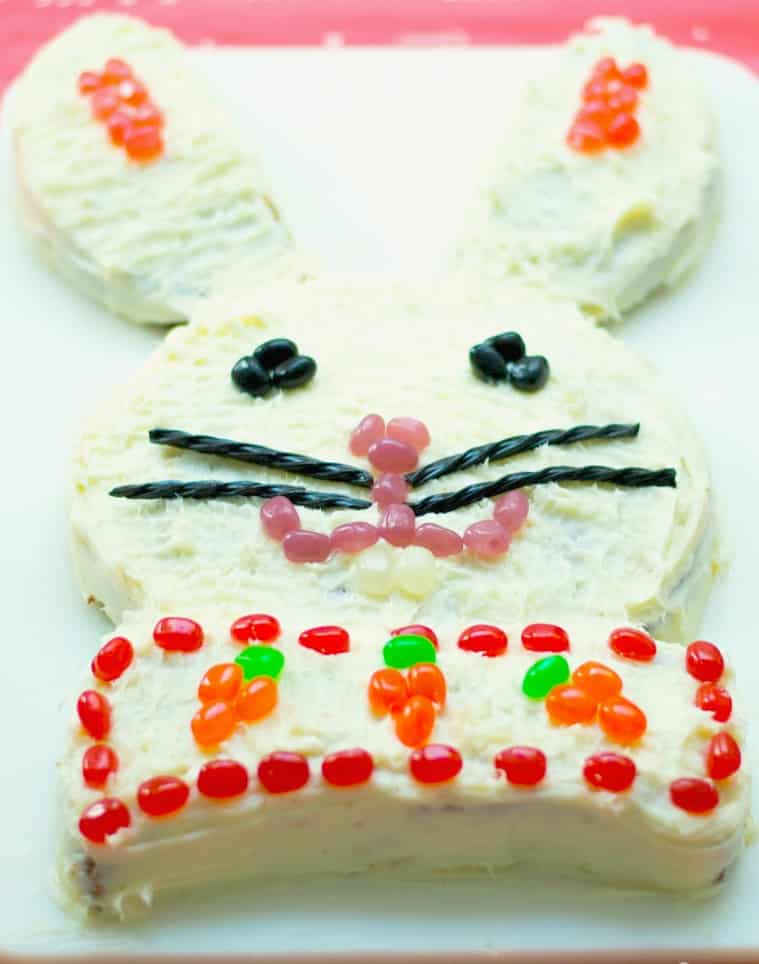 An Easter Bunny Cake sitting on top of a table