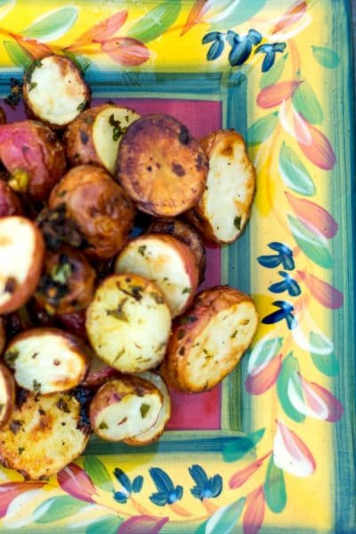 Gremolata Roasted Potatoes on a colorful plate.