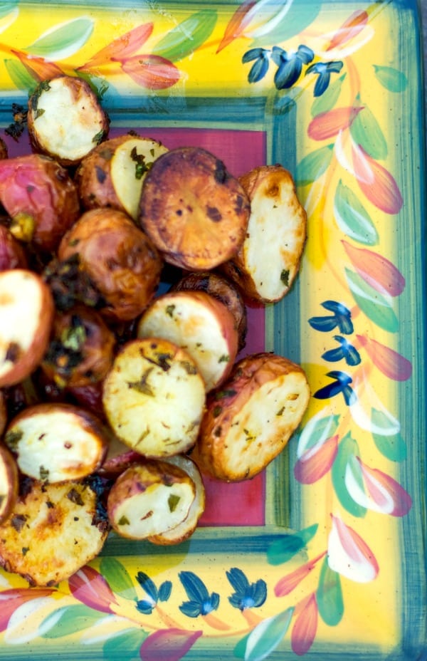 Gremolata Roasted Potatoes on a colorful plate. 