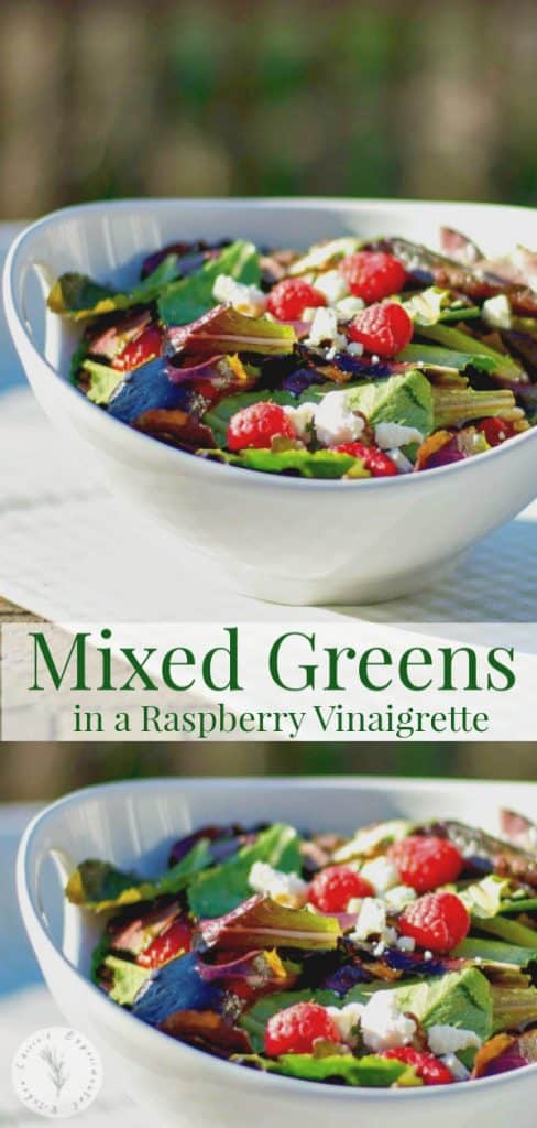 Organic mixed greens tossed with fresh raspberries, buttery pecans and crumbled Feta cheese topped with a raspberry vinaigrette. 