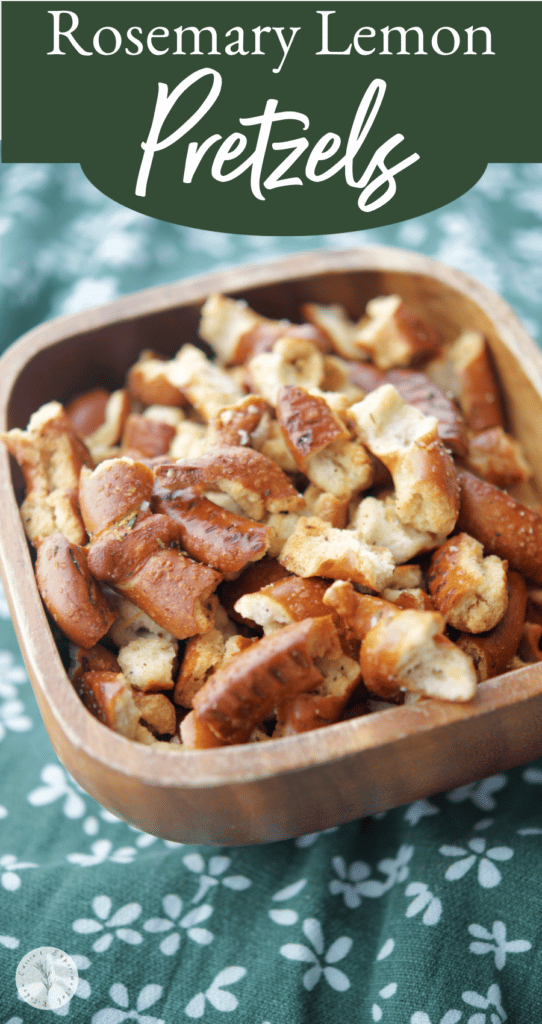 Sourdough hard pretzels coated with olive oil and seasoned with lemon zest and fresh chopped rosemary make a deliciously tasty easy snack.