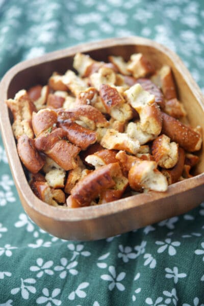 Rosemary Lemon Seasoned Pretzels in a wooden bowl