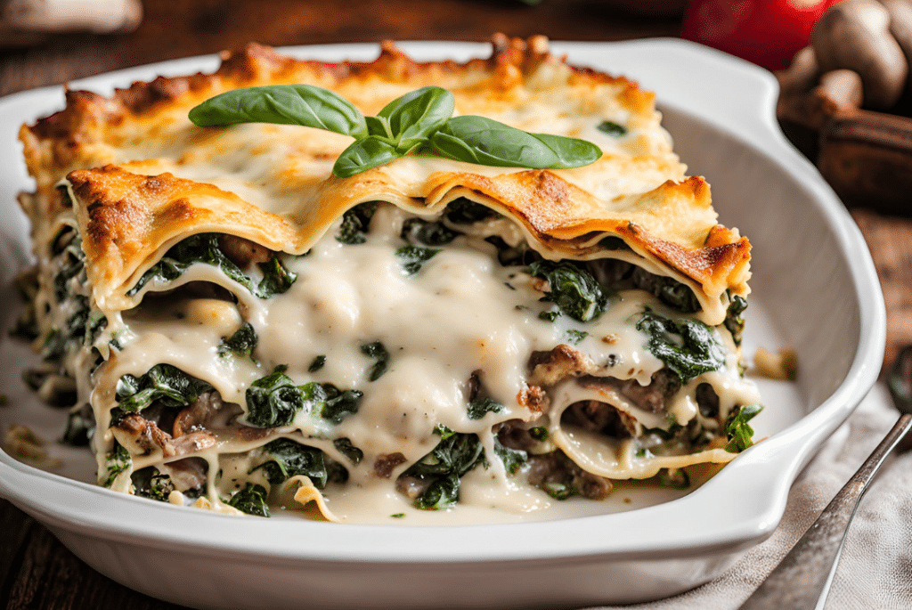 a slice of sausage lasagna on a plate