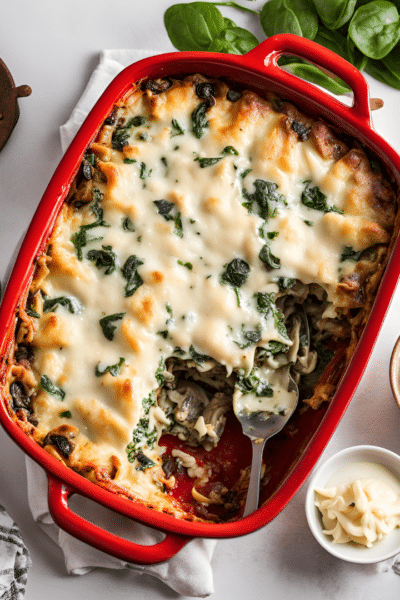 sausage lasagna in a red dish