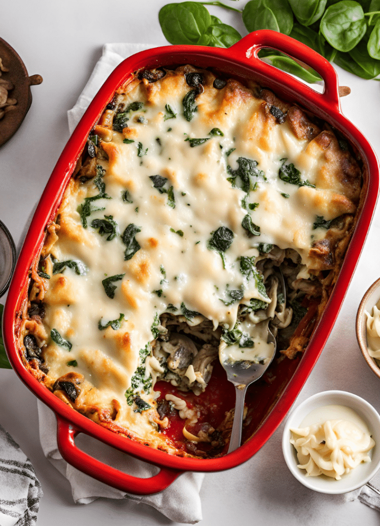 sausage lasagna in a red dish