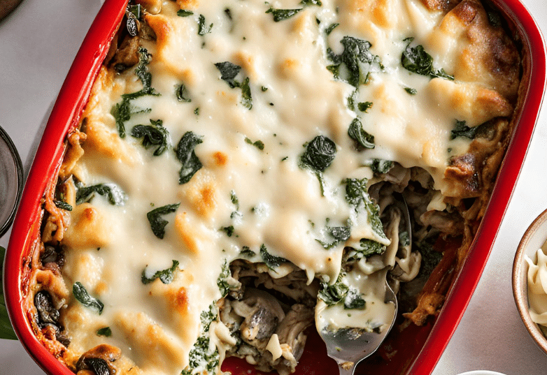 sausage lasagna in a red dish
