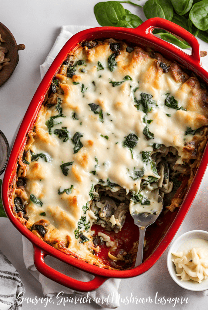 sausage lasagna in a red baking dish