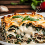 sausage, spinach and mushroom lasagna on a plate