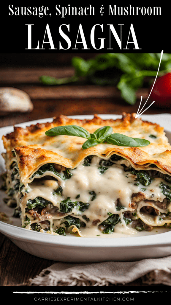 sausage, spinach and mushroom lasagna on a plate