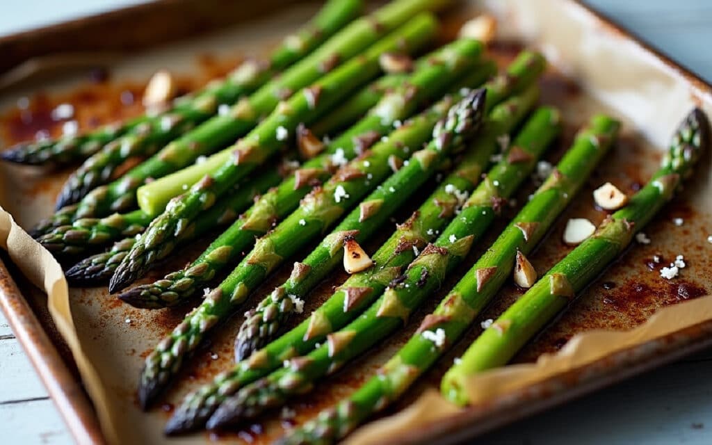 a close up of roasted asparagus on a sheet pan