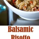 A close up of balsamic risotto with grilled chicken on a table