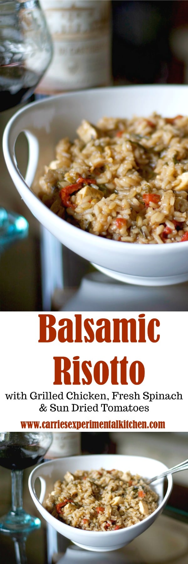 Balsamic Risotto with Grilled Chicken, Fresh Spinach & Sun Dried Tomatoes is so flavorful and substantial, you can make this for a quick weeknight meal or serve as a side dish.