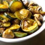 Fresh garden zucchini, mushrooms and garlic roasted with balsamic vinegar and extra virgin olive oil until golden brown.